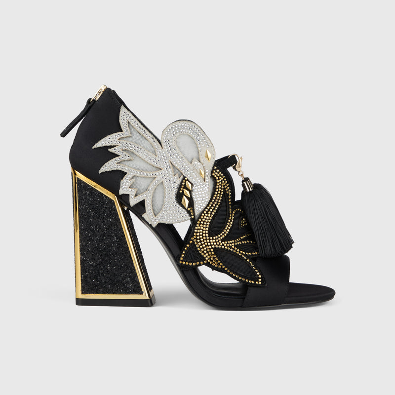 Kat Maconie Aya Anch Sandals in Black/White – luxury women's block frame heel sandal with 105mm heel