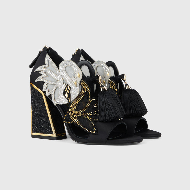 Kat Maconie Aya Anch Sandals in Black/White – luxury women's block frame heel sandal with 105mm heel
