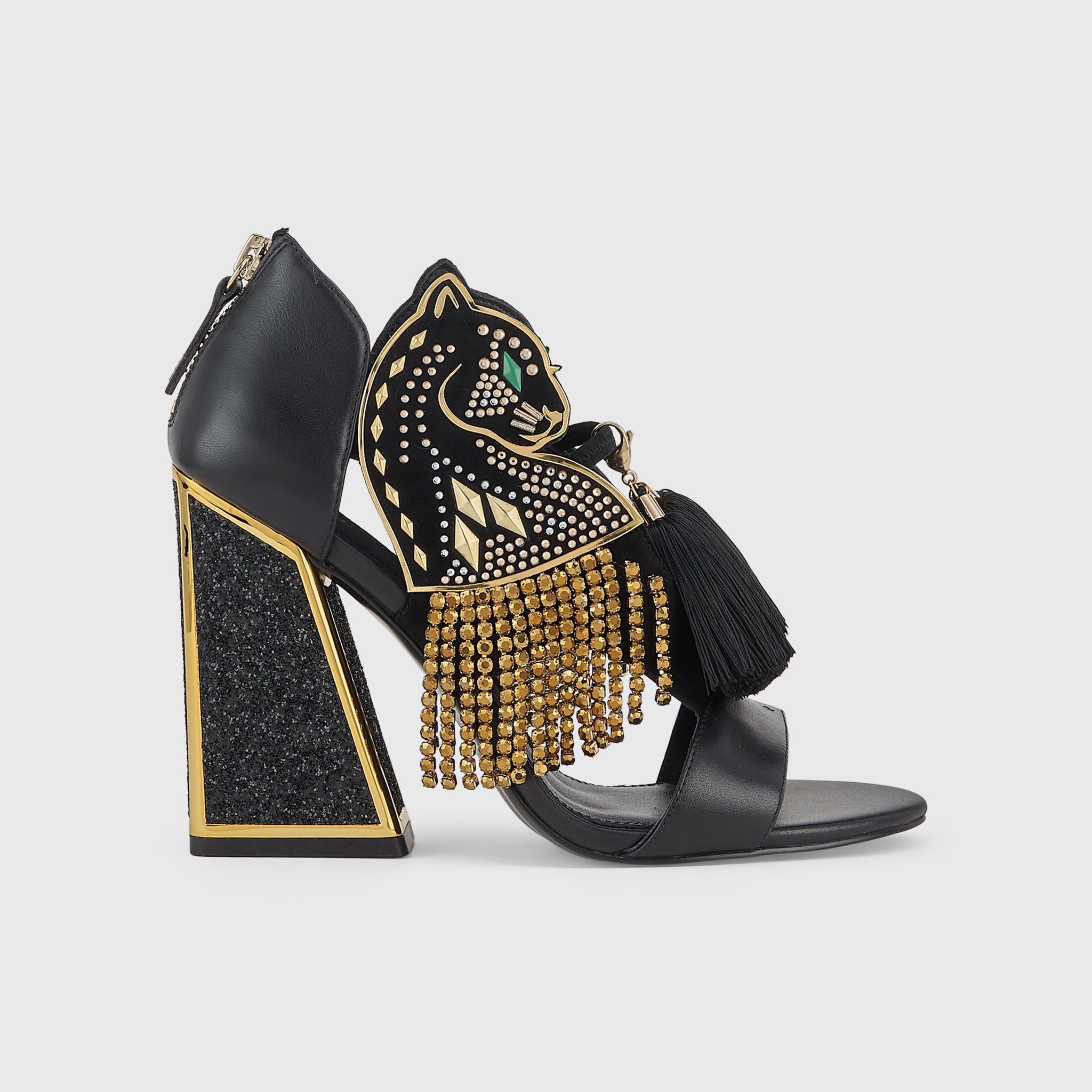 Kat Maconie Aya Panther Sandals in Black – luxury women's block frame sandal with 105mm heel