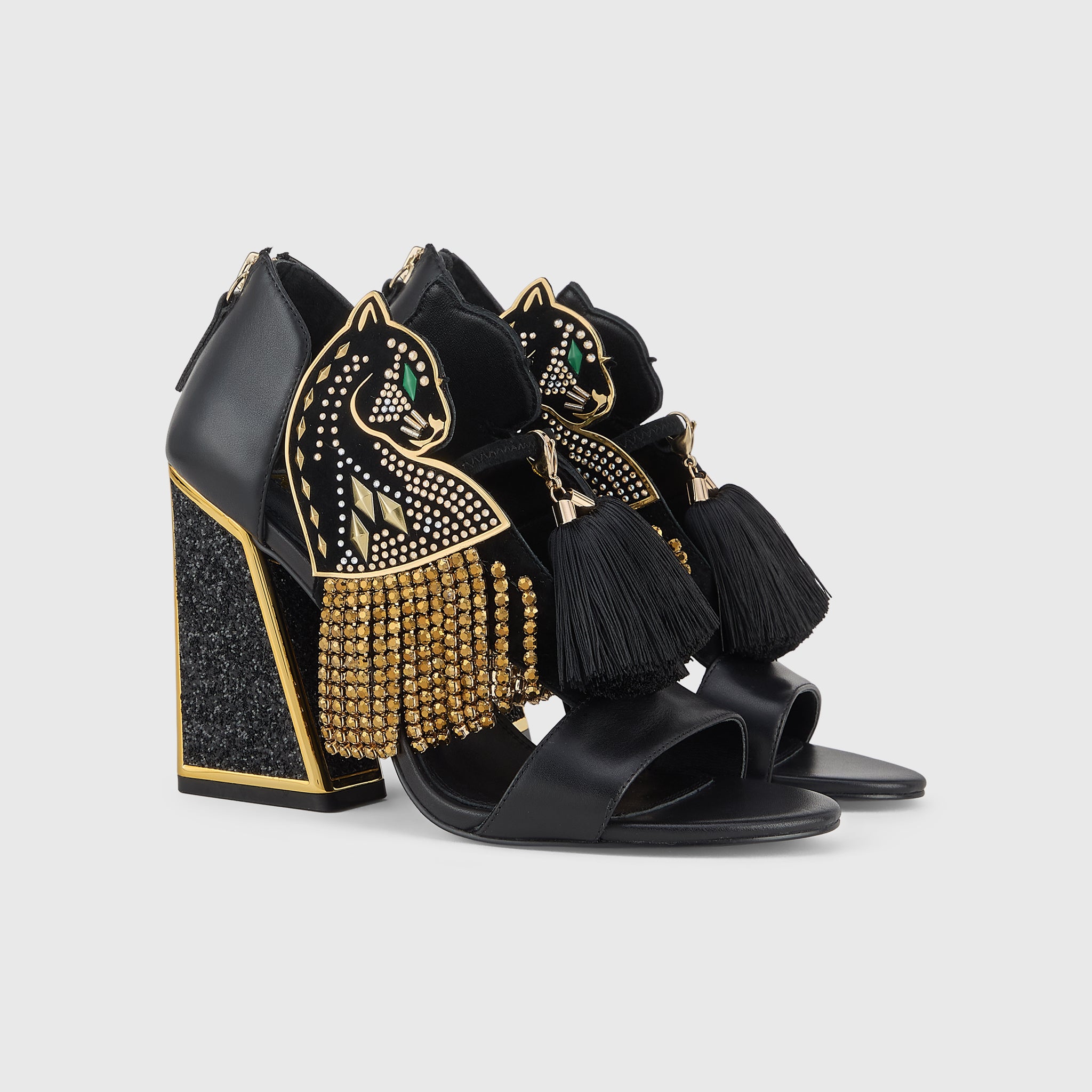Kat Maconie Aya Panther Sandals in Black – luxury women's block frame sandal with 105mm heel