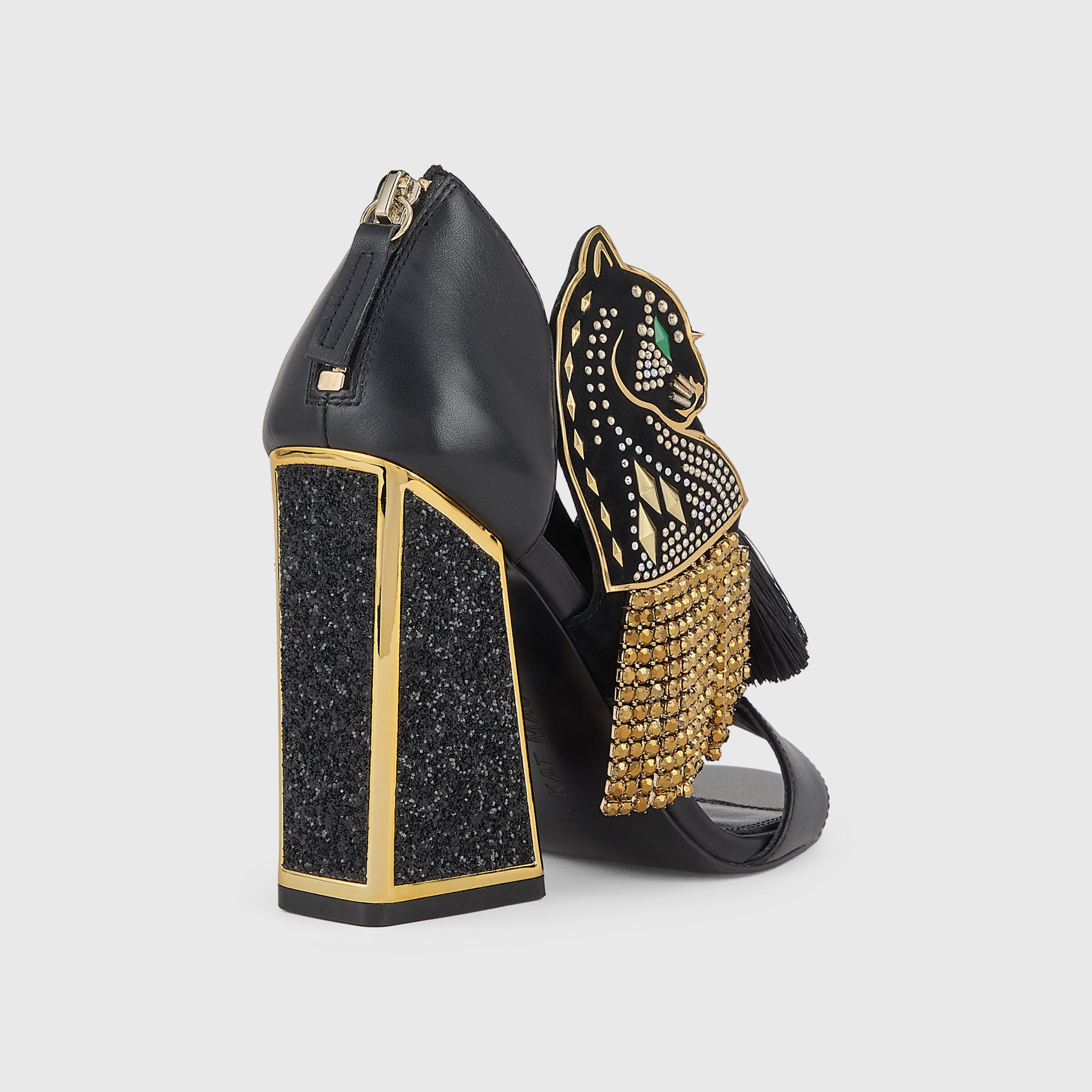 Kat Maconie Aya Panther Sandals in Black – luxury women's block frame sandal with 105mm heel