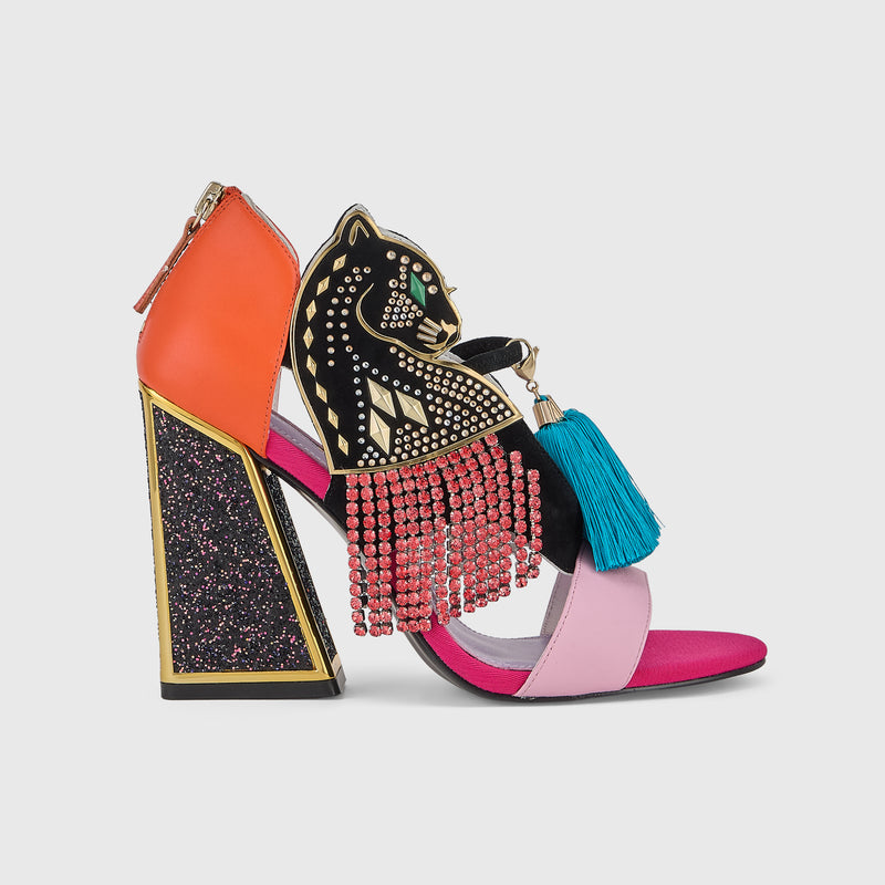 Kat Maconie Aya Panther Sandals in Fire/Fuchsia – luxury women's block frame sandal with 105mm heel