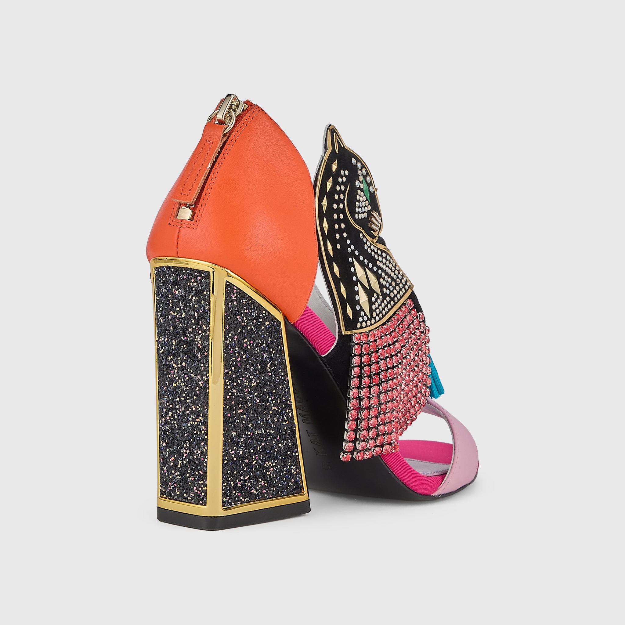 Kat Maconie Aya Panther Sandals in Fire/Fuchsia – luxury women's block frame sandal with 105mm heel