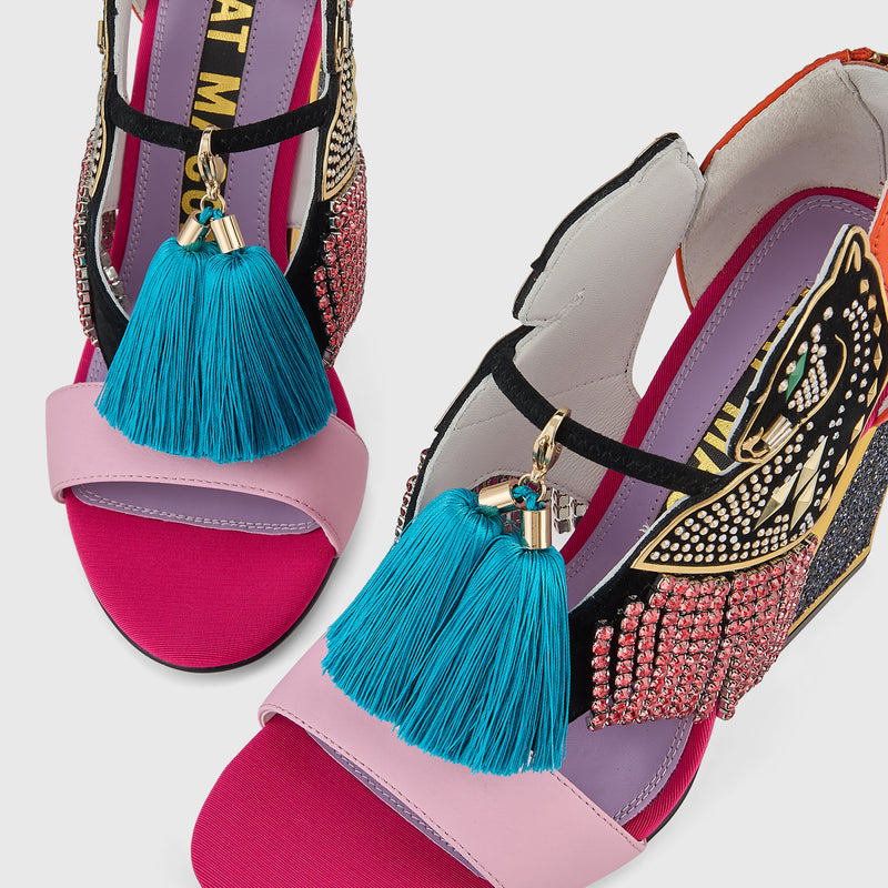 Kat Maconie Aya Panther Sandals in Fire/Fuchsia – luxury women's block frame sandal with 105mm heel