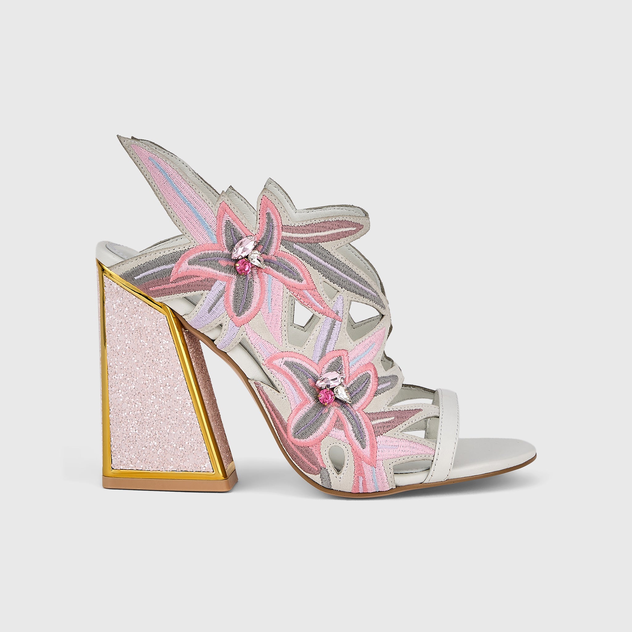 Kat Maconie Diva Dee Sandals in White – luxury women's block frame heel sandal in kid suede with 105mm heel