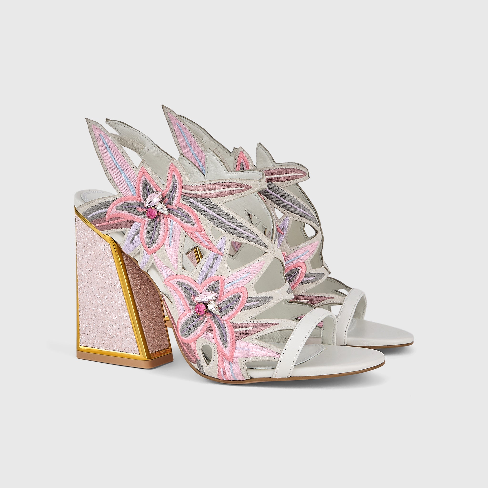 Kat Maconie Diva Dee Sandals in White – luxury women's block frame heel sandal in kid suede with 105mm heel