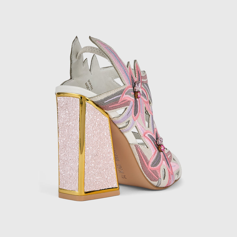 Kat Maconie Diva Dee Sandals in White – luxury women's block frame heel sandal in kid suede with 105mm heel