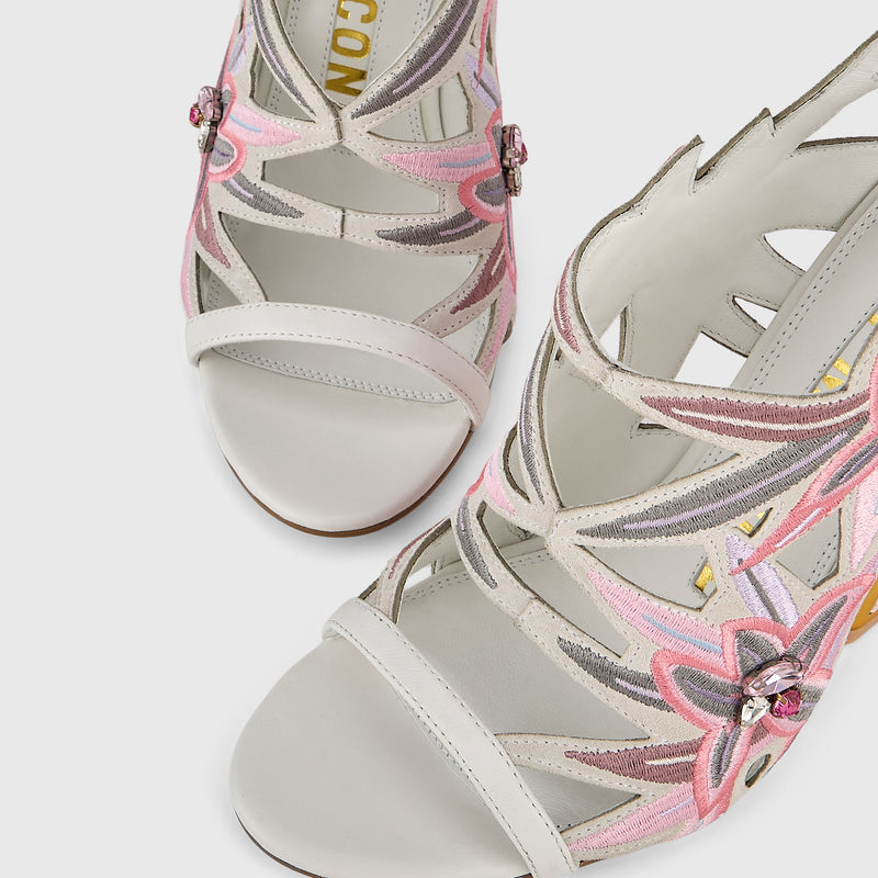 Kat Maconie Diva Dee Sandals in White – luxury women's block frame heel sandal in kid suede with 105mm heel