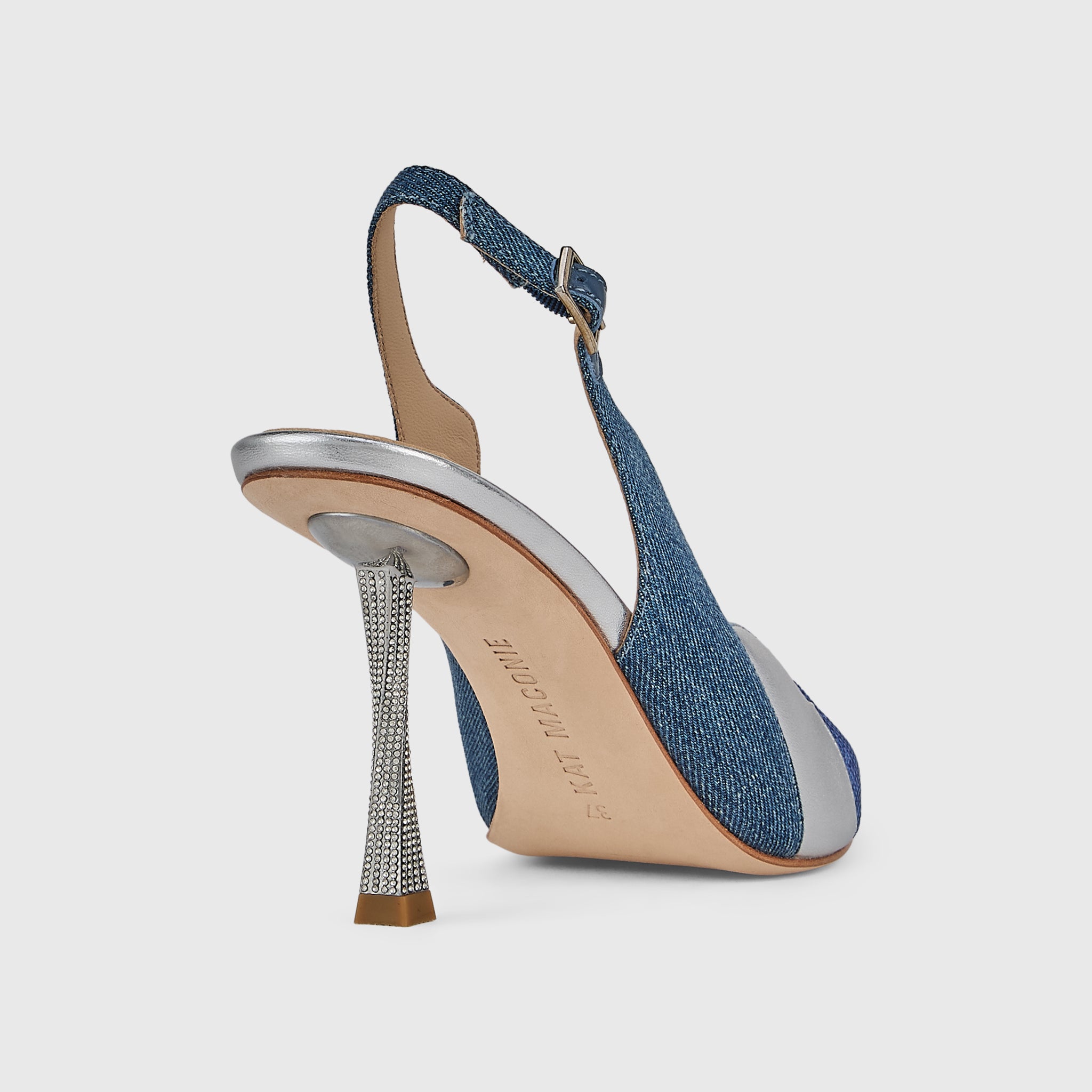 Kat Maconie Divina Slingbacks in Denim/Silver – luxury women's crystal stiletto silhouette with 90mm heel