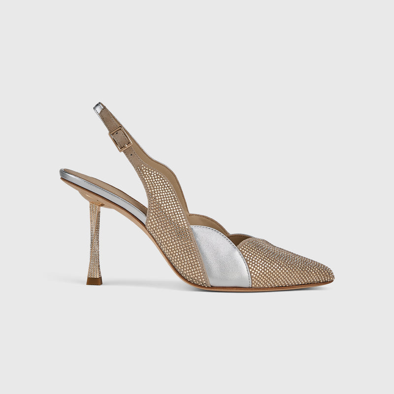 Kat Maconie Divina Slingbacks in Gold/Silver – luxury women's crystal stiletto silhouette with 90mm heel