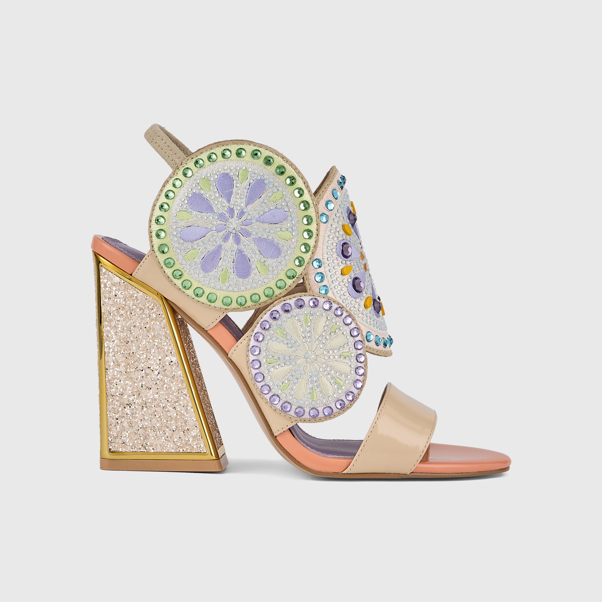 Kat Maconie Frida Sandals in Beige/Lavender – luxury women's block frame sandal with 105mm heel