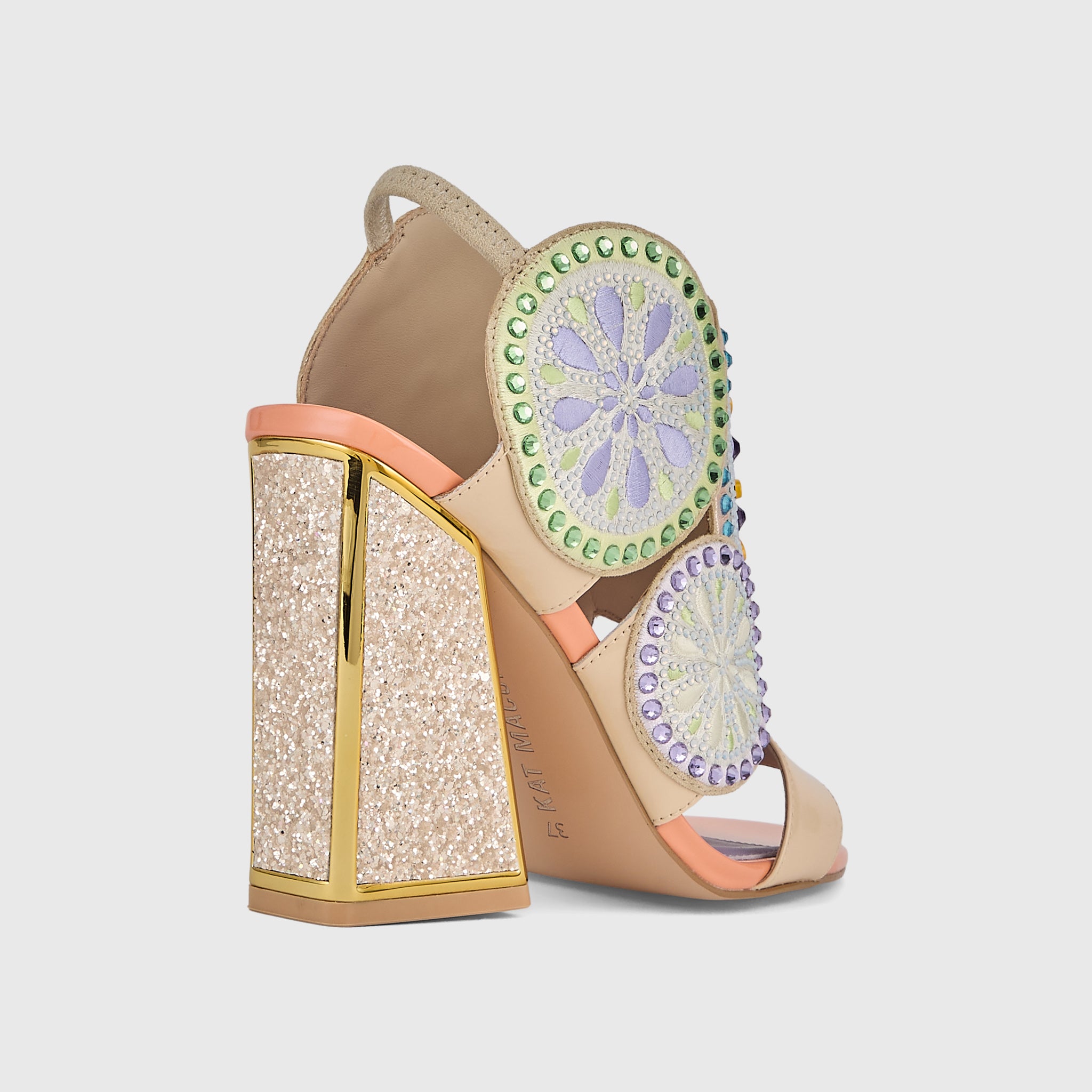 Kat Maconie Frida Sandals in Beige/Lavender – luxury women's block frame sandal with 105mm heel