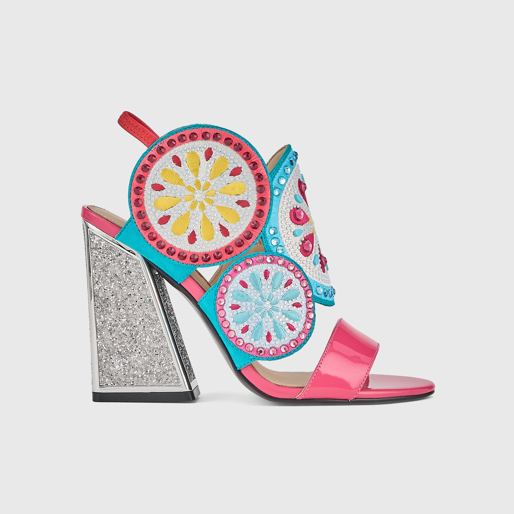 Kat Maconie Frida Sandals in Fuchsia/Multi – luxury women's block frame sandal with 105mm heel