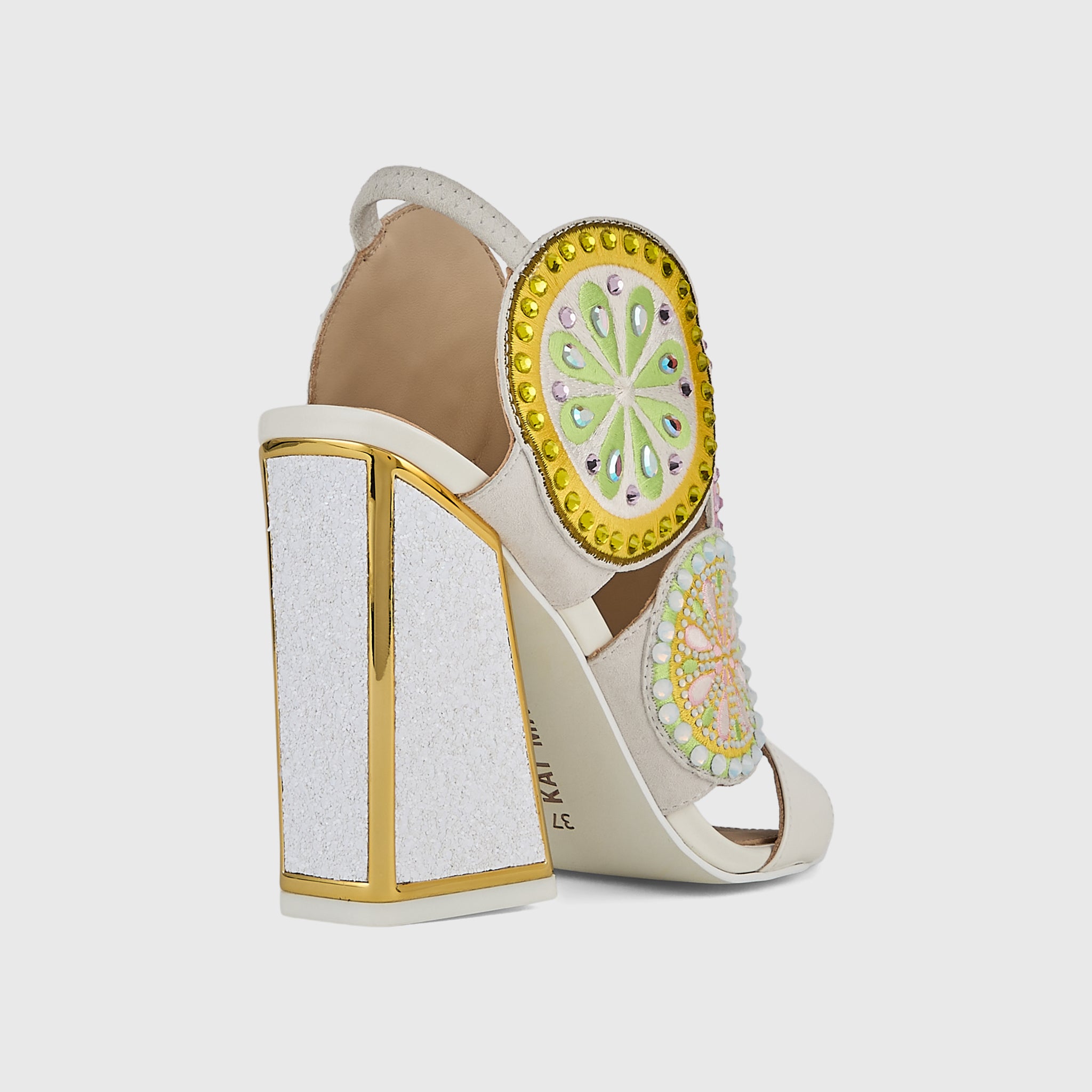 Kat Maconie Frida Sandals in Ivory/Melon – luxury women's block frame sandal with 105mm heel
