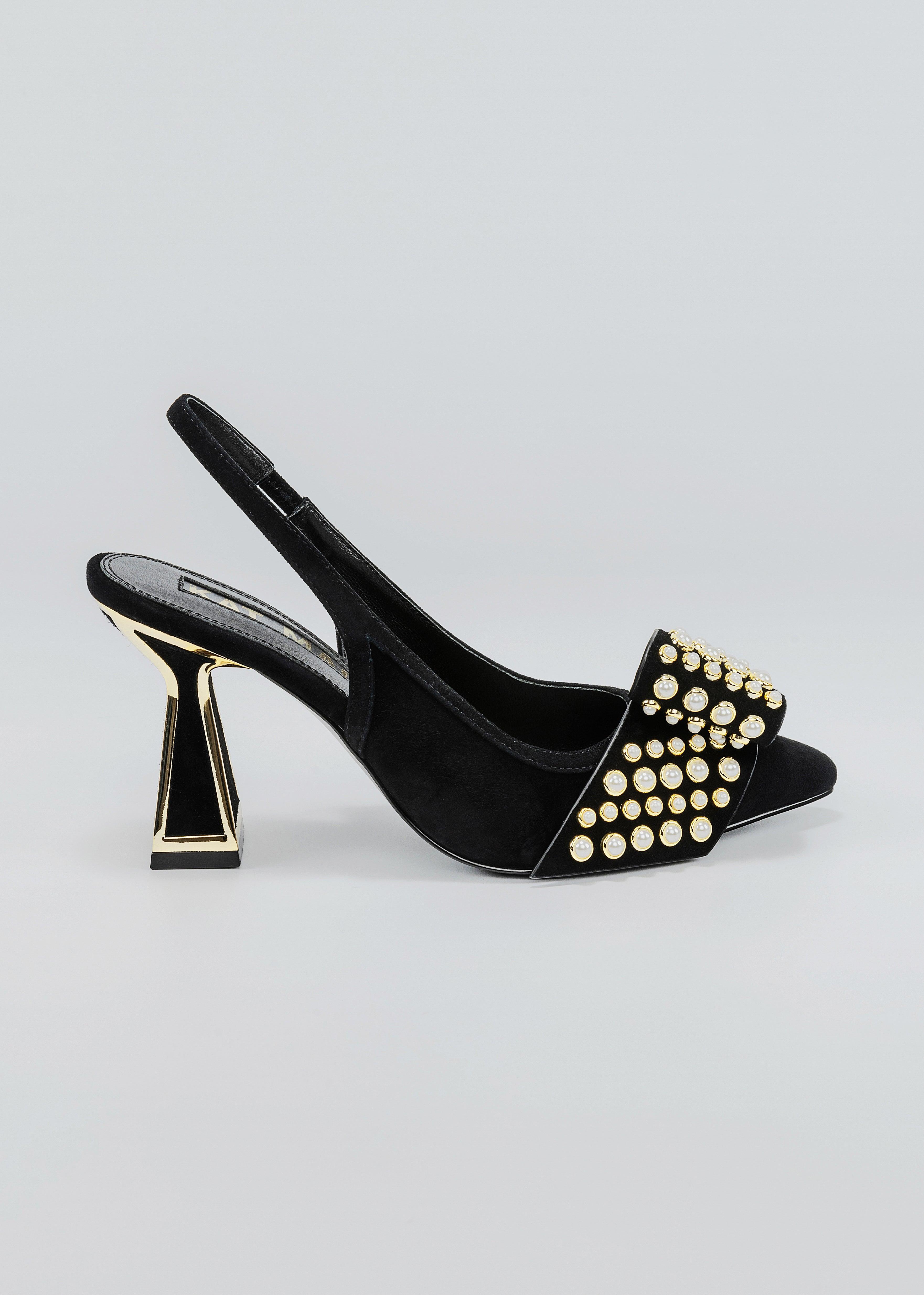 A black suede Jen Slingback Pump with gold pearl embellishments on the toe and a mid-heel.