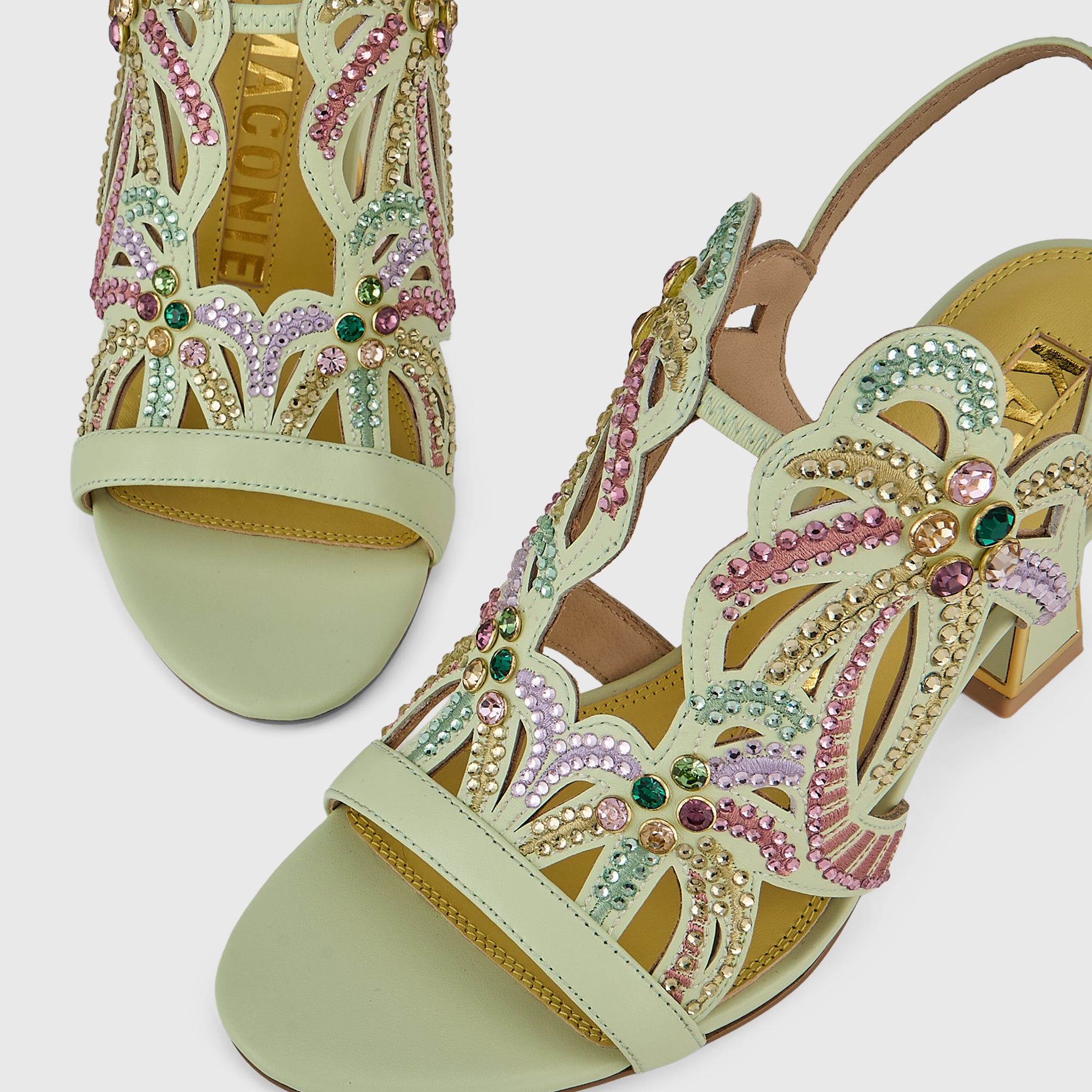 Kat Maconie Kiawa Sandals in Pastel Green – luxury women's hourglass frame sandal with 85mm heel