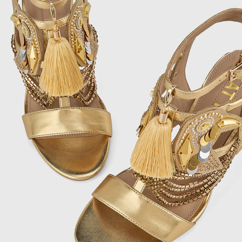 Kat Maconie Tups Sandals in Gold/Metallic – luxury women's hourglass frame strappy sandal with 85mm heel