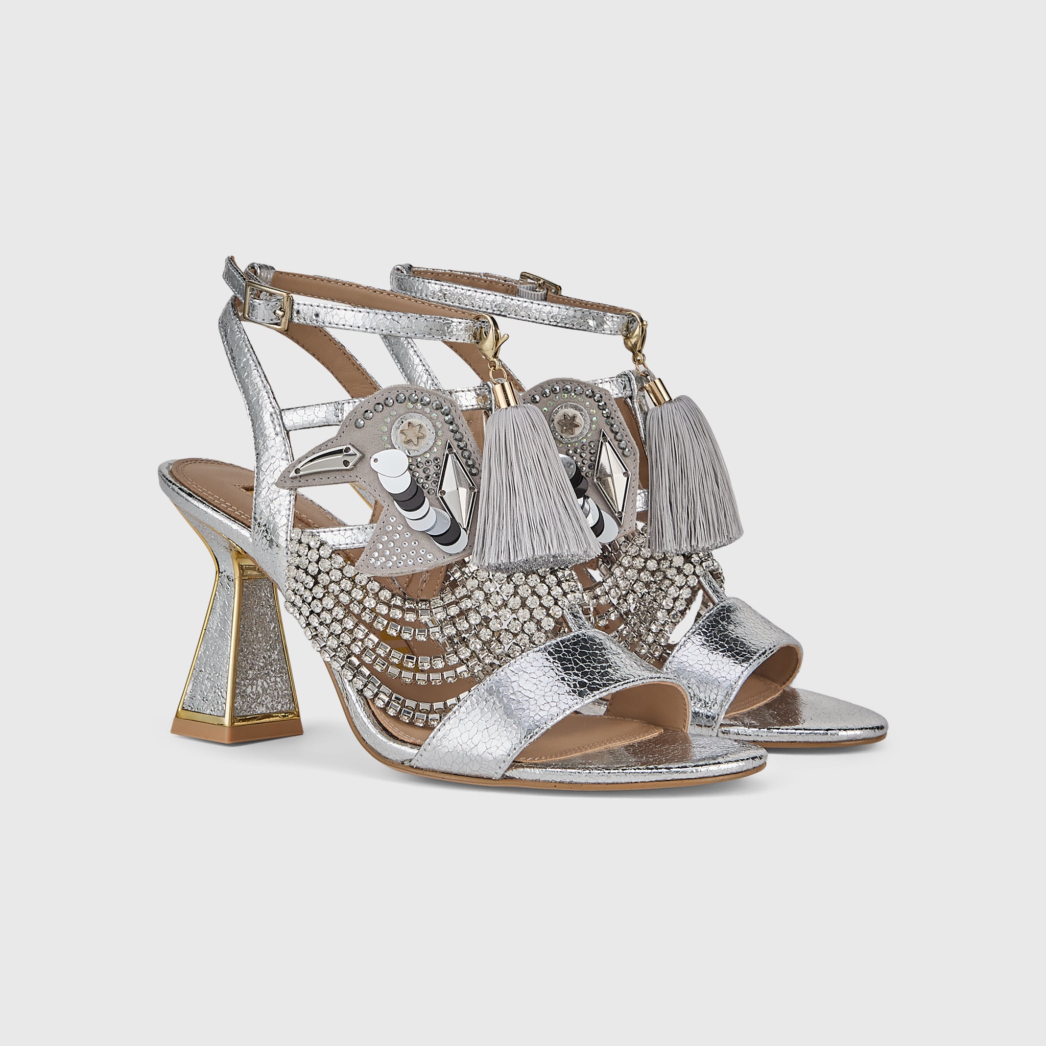 Kat Maconie Tups Sandals in Silver/Metallic – luxury women's hourglass frame strappy sandal with 85mm heel