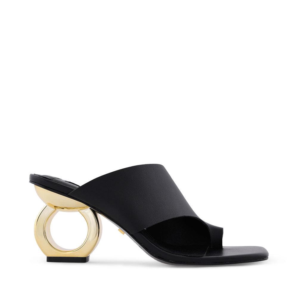 Sigrid Chain Heel Open Toe Sandals Black Gold Kat Maconie