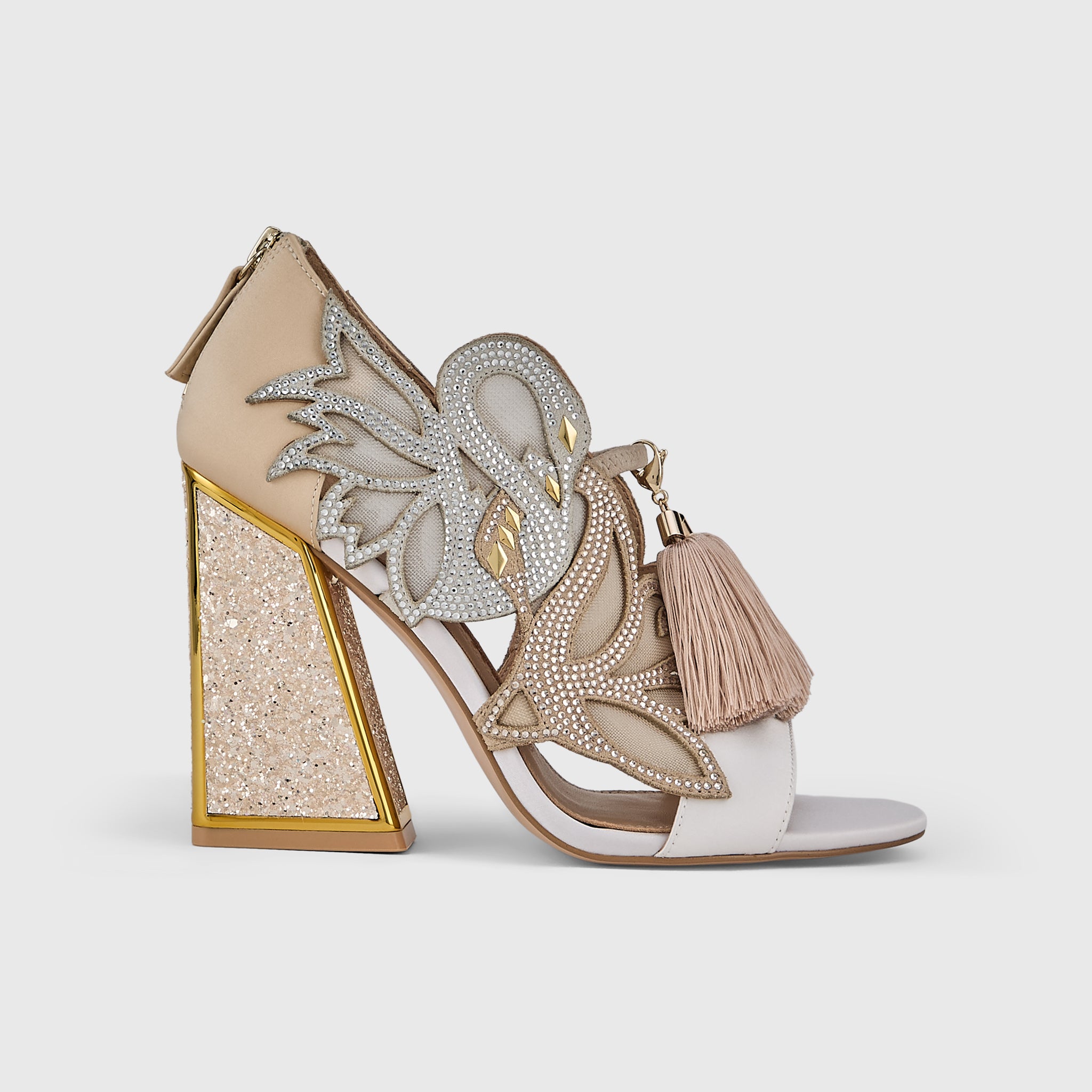 Kat Maconie Aya Anch Sandals in Champagne – luxury women's block frame heel sandal with 105mm heel