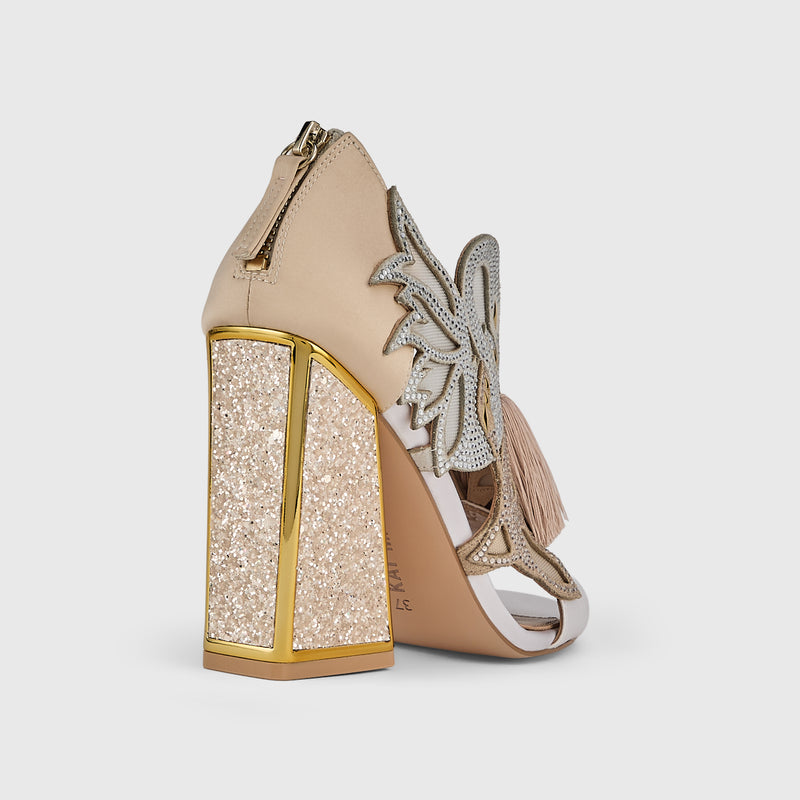 Kat Maconie Aya Anch Sandals in Champagne – luxury women's block frame heel sandal with 105mm heel