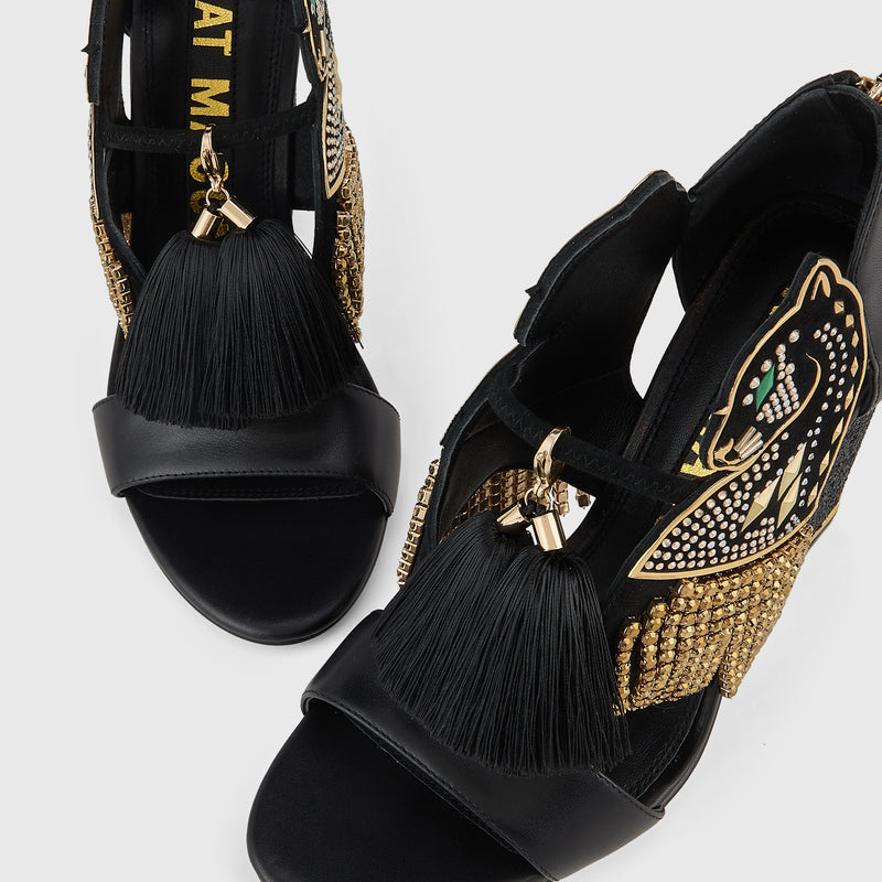 Kat Maconie Aya Panther Sandals in Black – luxury women's block frame sandal with 105mm heel