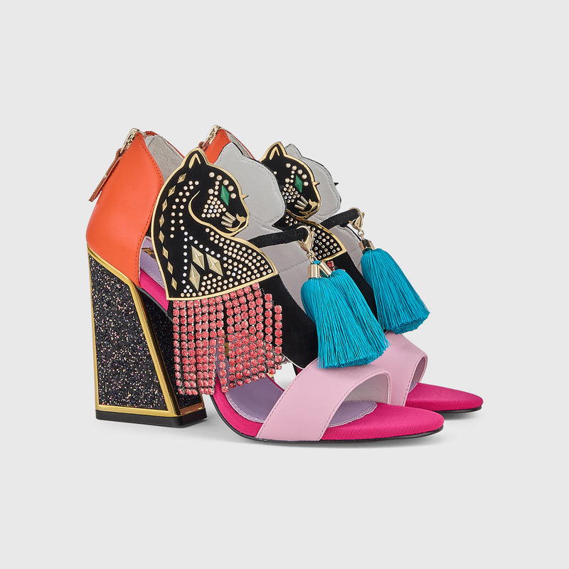 Kat Maconie Aya Panther Sandals in Fire/Fuchsia – luxury women's block frame sandal with 105mm heel