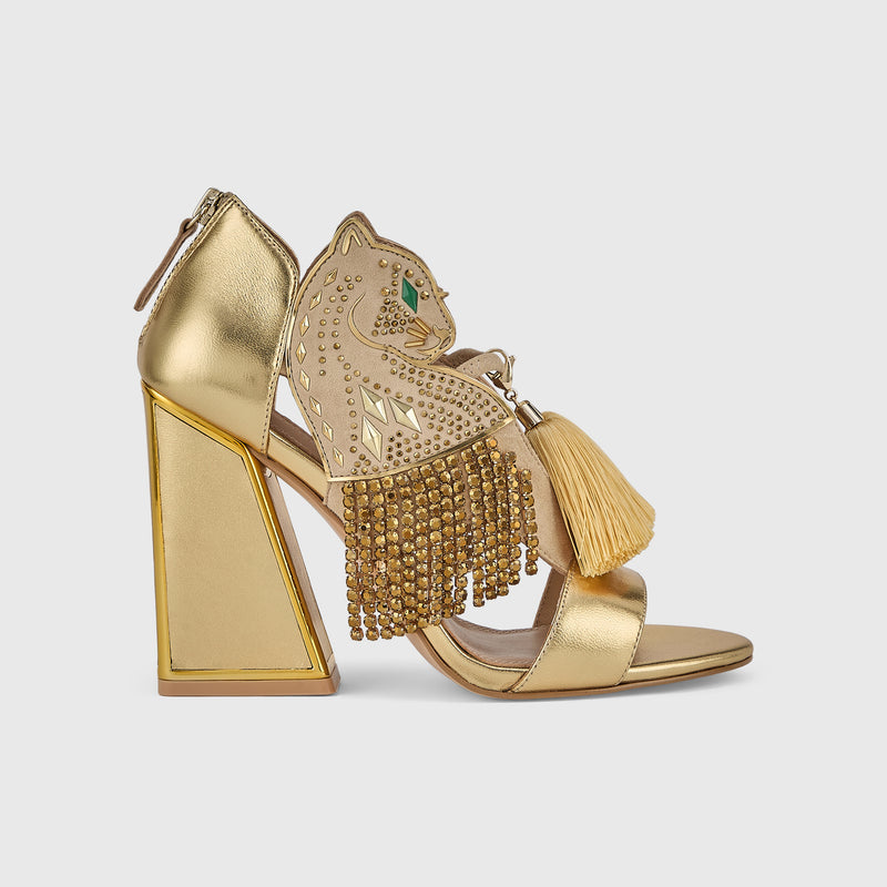 Kat Maconie Aya Panther Sandals in Gold – luxury women's block frame sandal with 105mm heel