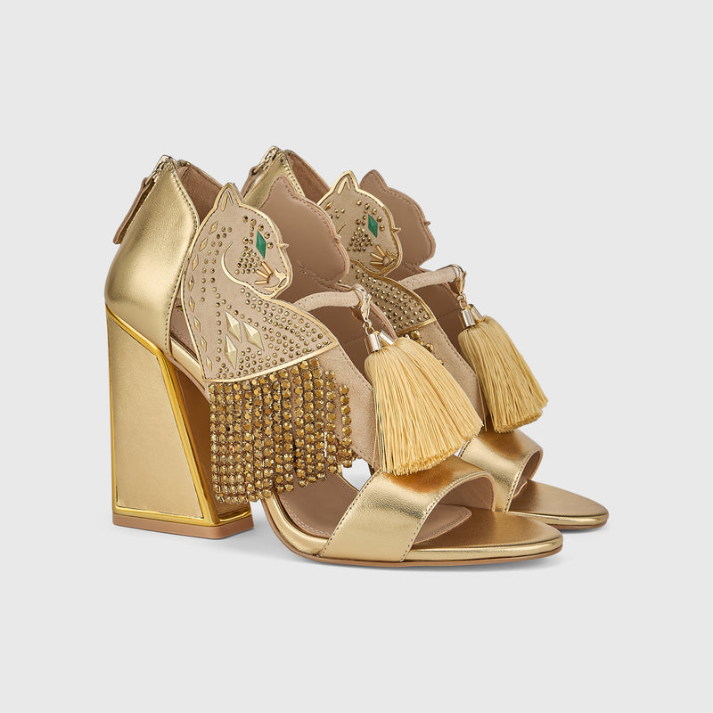 Kat Maconie Aya Panther Sandals in Gold – luxury women's block frame sandal with 105mm heel