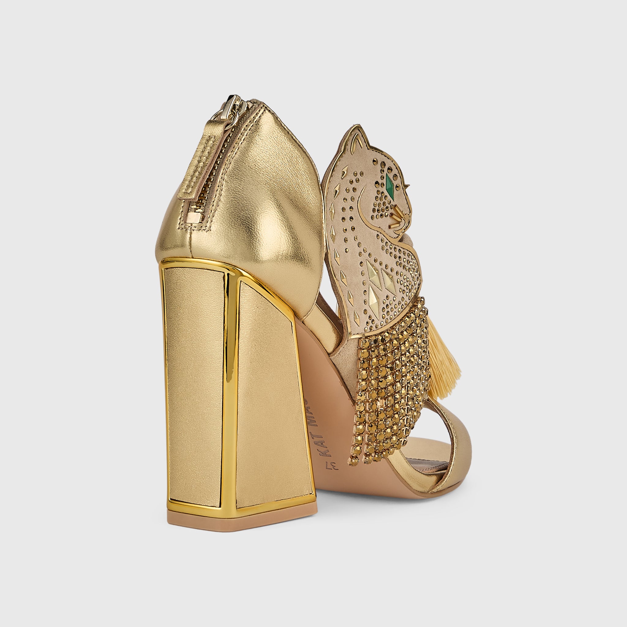 Kat Maconie Aya Panther Sandals in Gold – luxury women's block frame sandal with 105mm heel