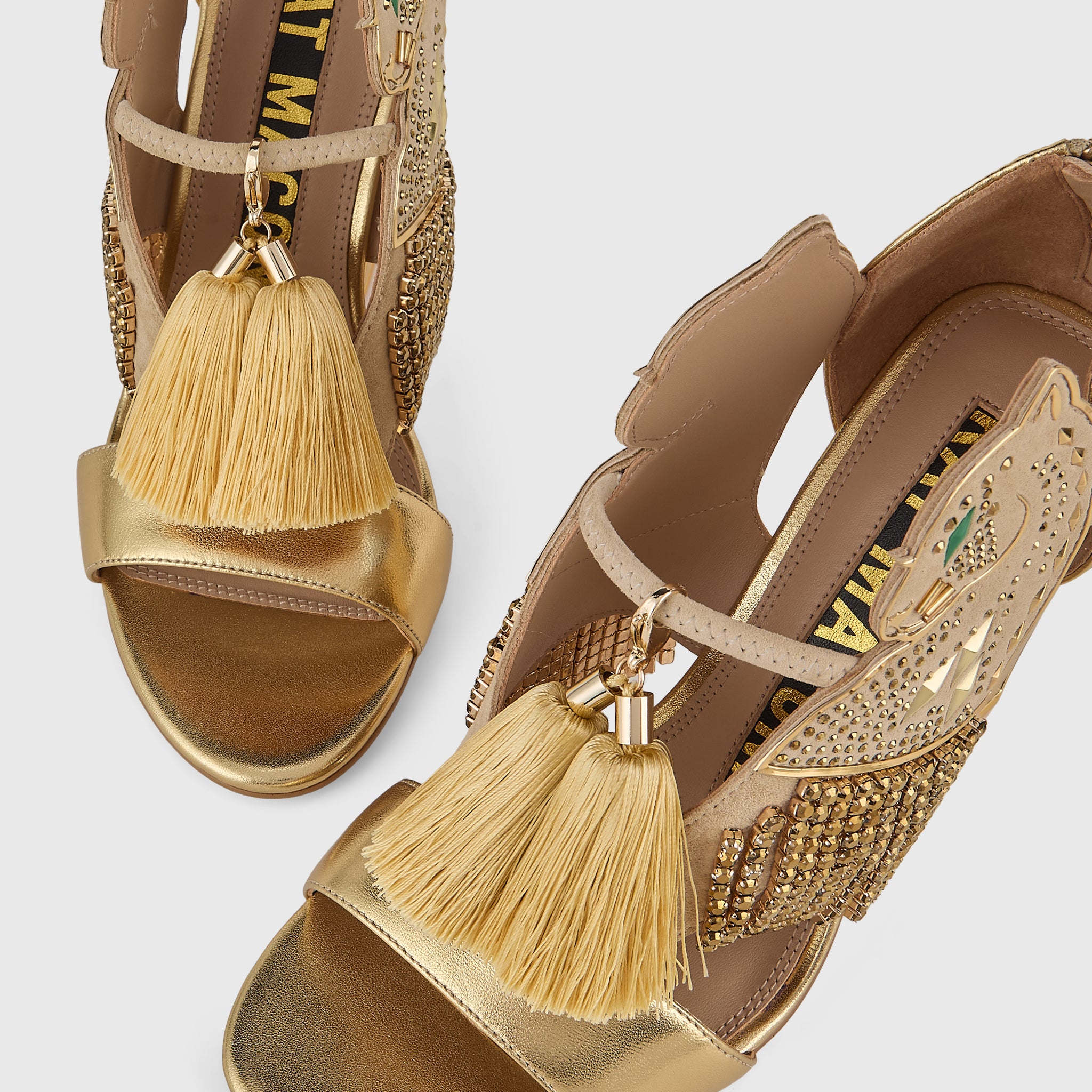 Kat Maconie Aya Panther Sandals in Gold – luxury women's block frame sandal with 105mm heel