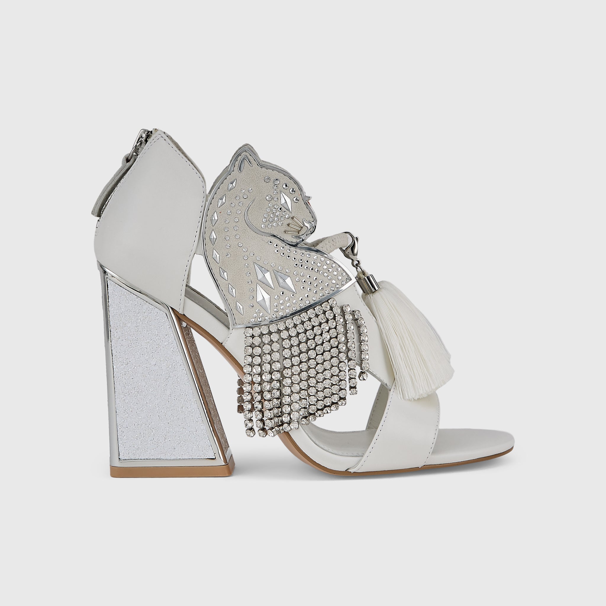 Kat Maconie Aya Panther Sandals in White – luxury women's block frame sandal with 105mm heel