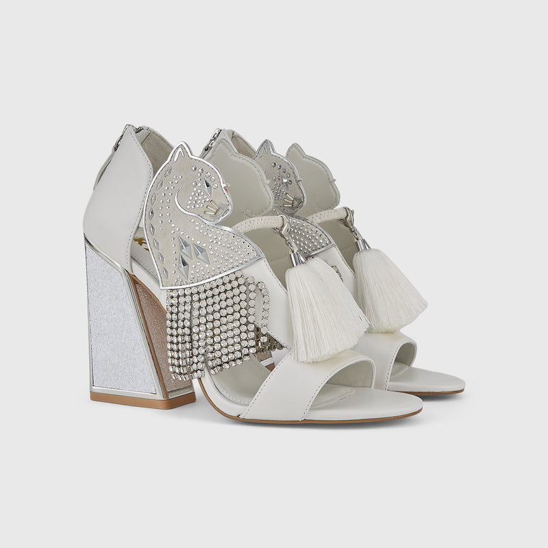 Kat Maconie Aya Panther Sandals in White – luxury women's block frame sandal with 105mm heel