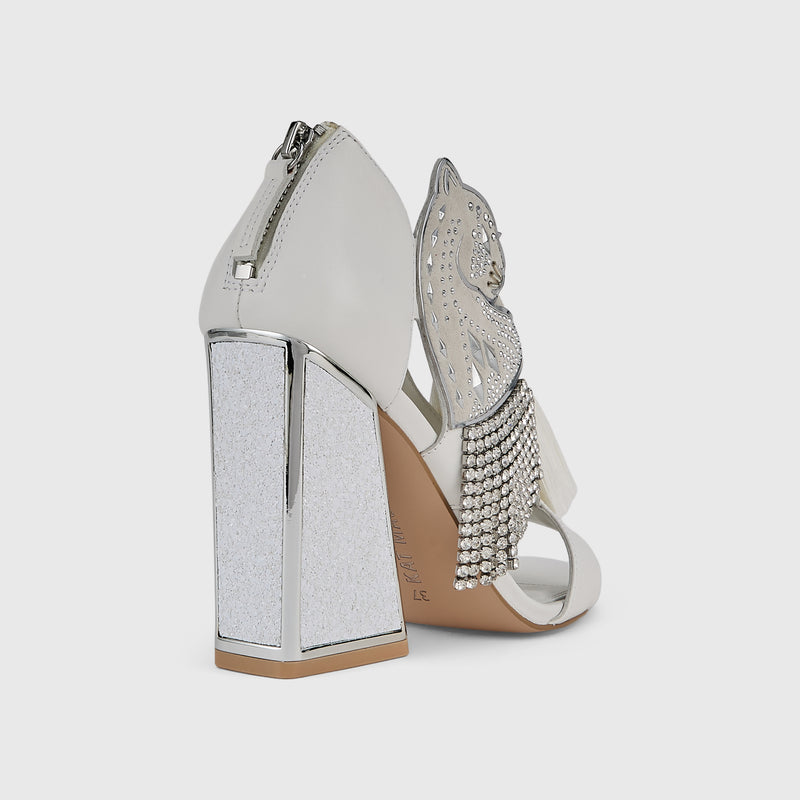 Kat Maconie Aya Panther Sandals in White – luxury women's block frame sandal with 105mm heel