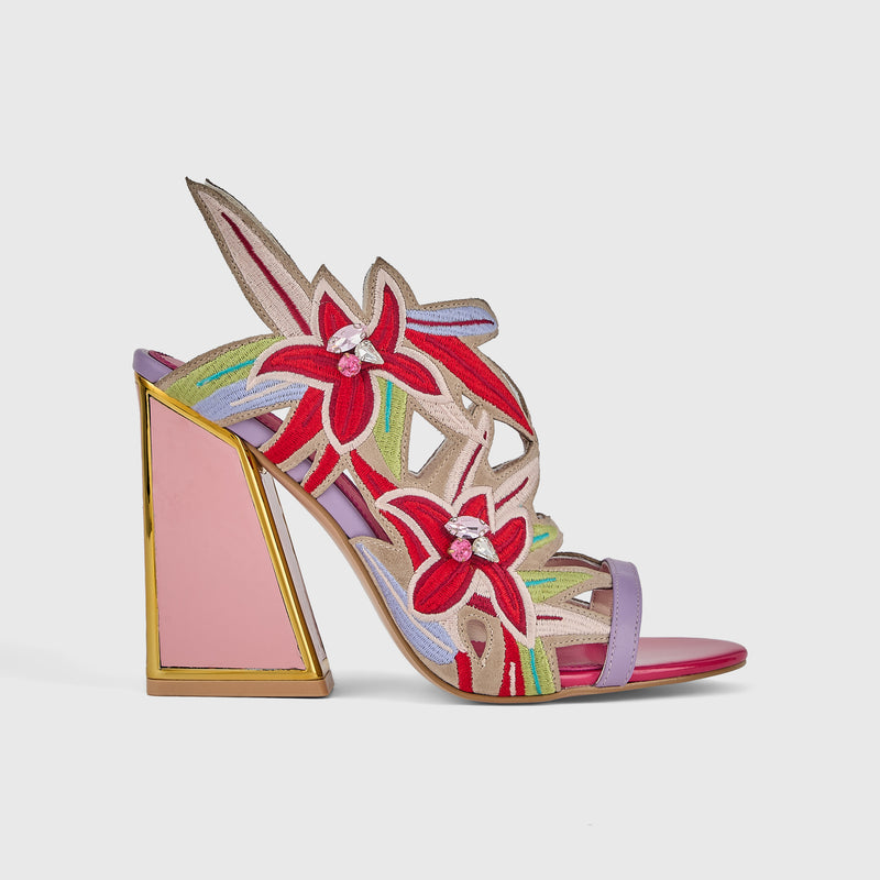 Kat Maconie Diva Dee Sandals in Peony/Violet – luxury women's block frame heel sandal in kid suede with 105mm heel