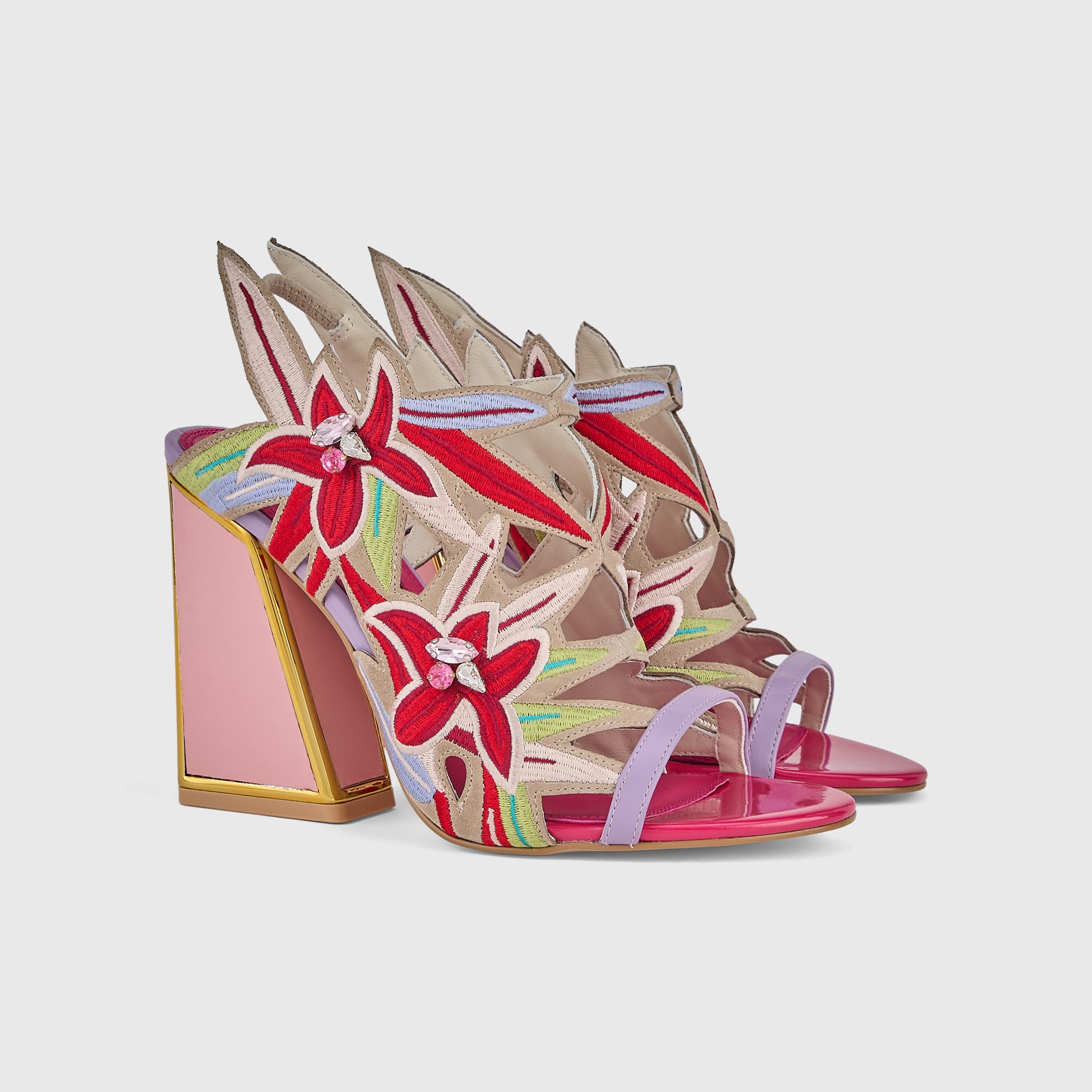 Kat Maconie Diva Dee Sandals in Peony/Violet – luxury women's block frame heel sandal in kid suede with 105mm heel