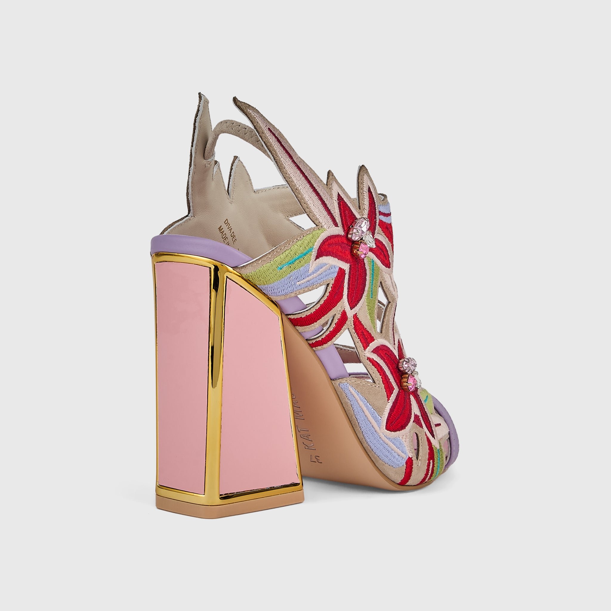 Kat Maconie Diva Dee Sandals in Peony/Violet – luxury women's block frame heel sandal in kid suede with 105mm heel
