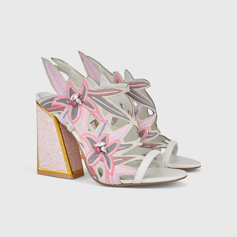 Kat Maconie Diva Dee Sandals in White – luxury women's block frame heel sandal in kid suede with 105mm heel
