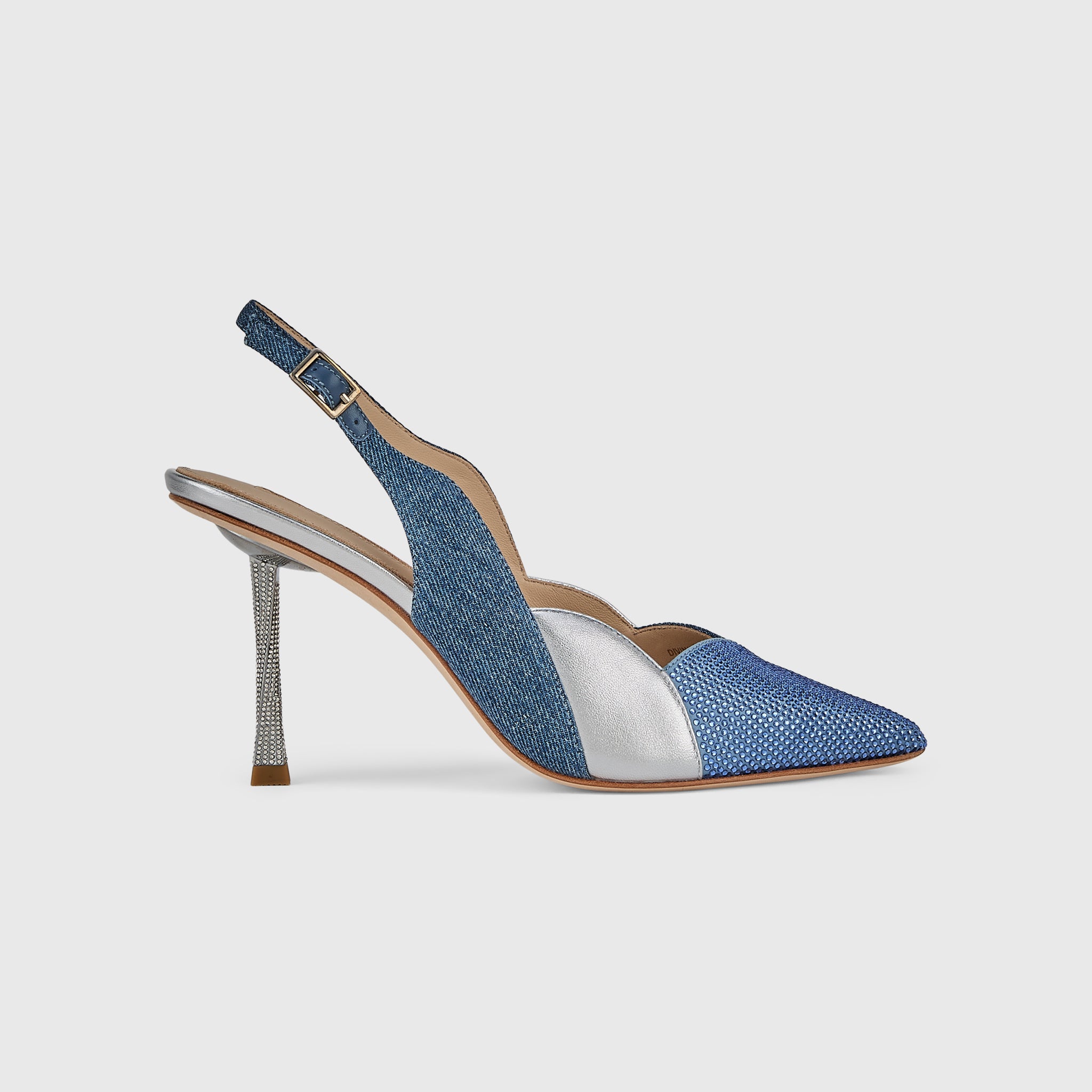 Kat Maconie Divina Slingbacks in Denim/Silver – luxury women's crystal stiletto silhouette with 90mm heel