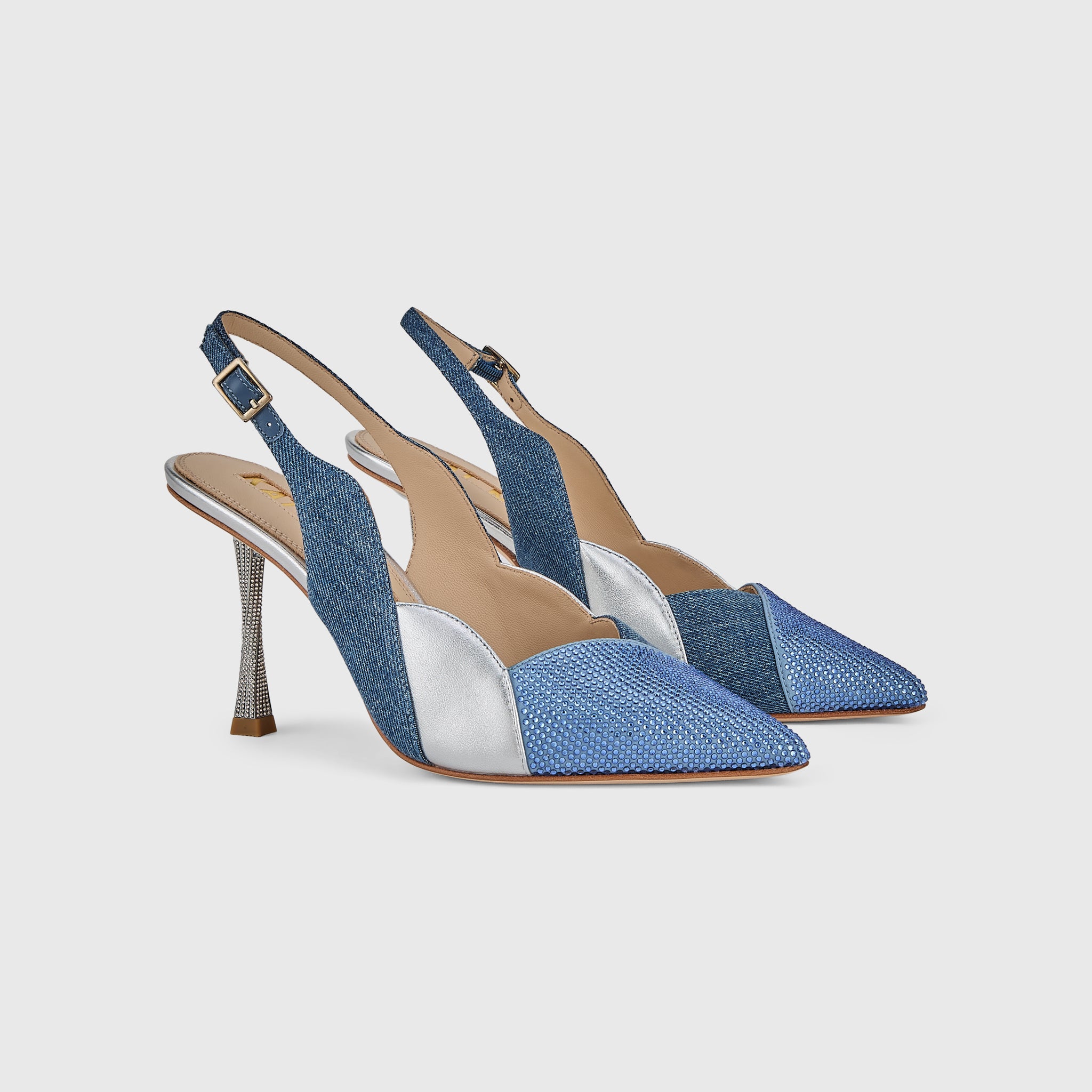 Kat Maconie Divina Slingbacks in Denim/Silver – luxury women's crystal stiletto silhouette with 90mm heel