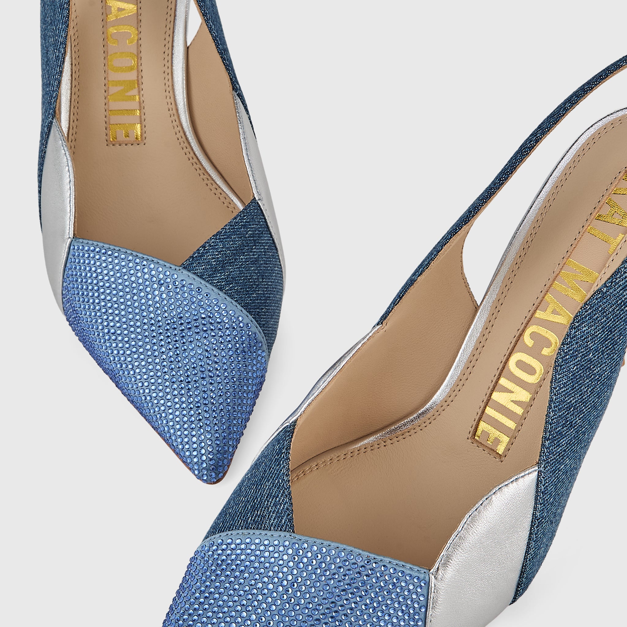 Kat Maconie Divina Slingbacks in Denim/Silver – luxury women's crystal stiletto silhouette with 90mm heel