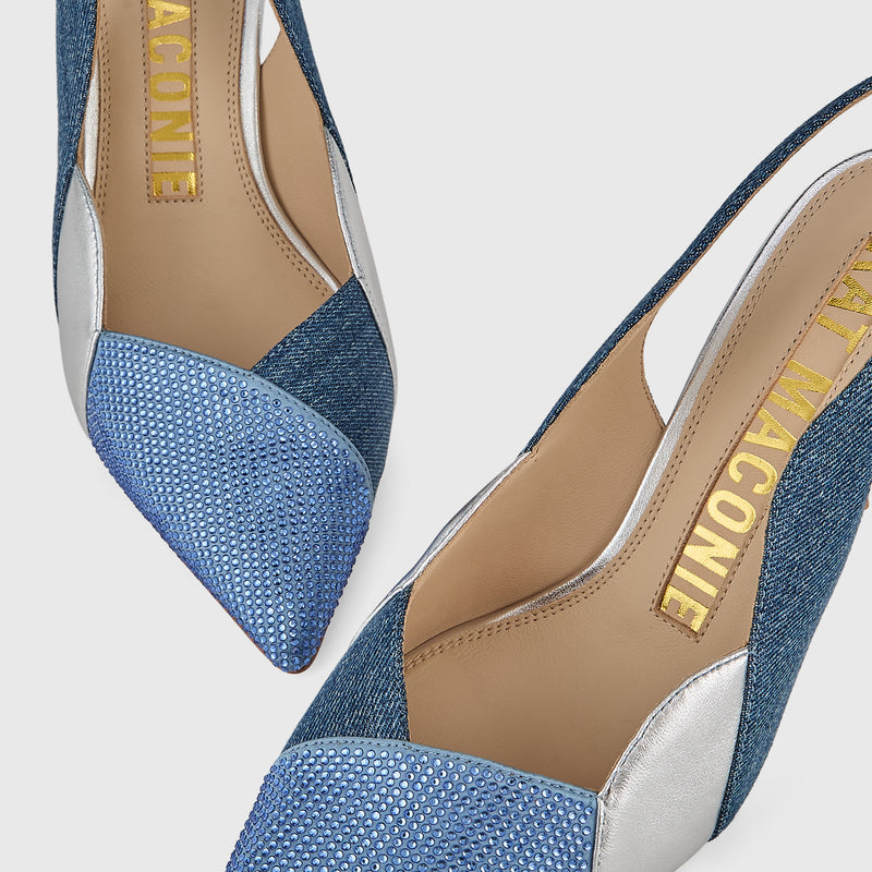 Kat Maconie Divina Slingbacks in Denim/Silver – luxury women's crystal stiletto silhouette with 90mm heel