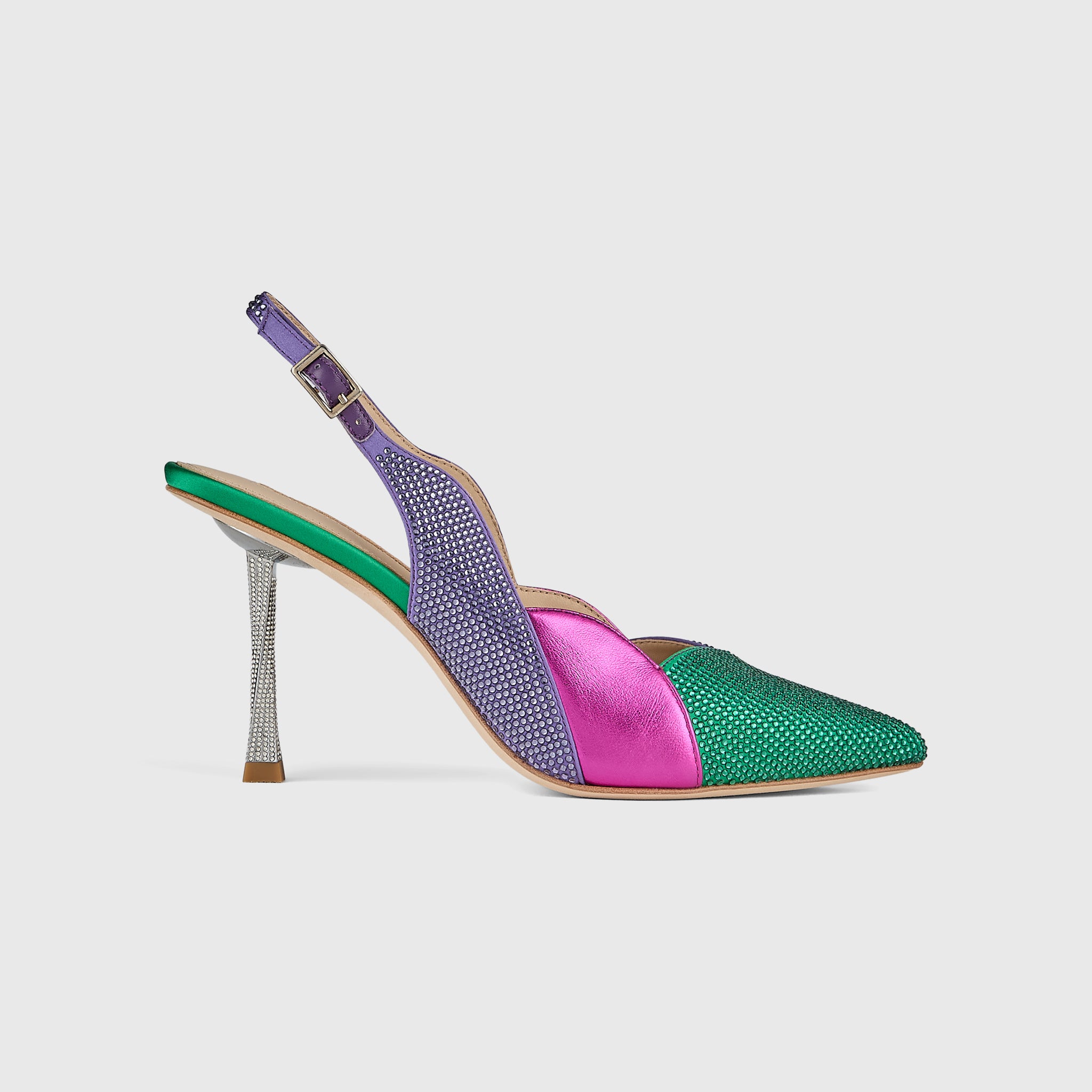 Kat Maconie Divina Slingbacks in Violet/Emerald – luxury women's crystal stiletto silhouette with 90mm heel