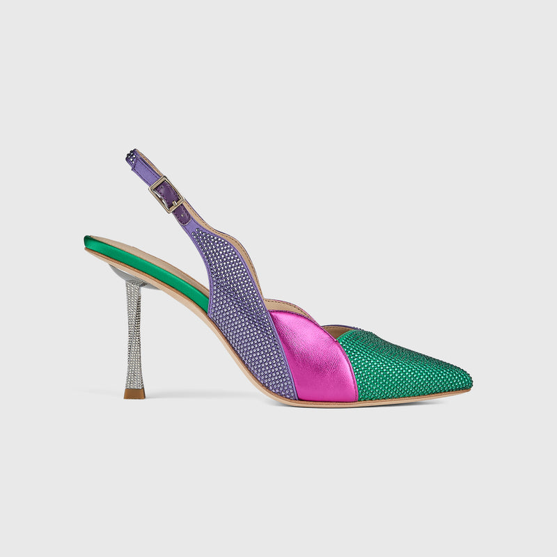 Kat Maconie Divina Slingbacks in Violet/Emerald – luxury women's crystal stiletto silhouette with 90mm heel
