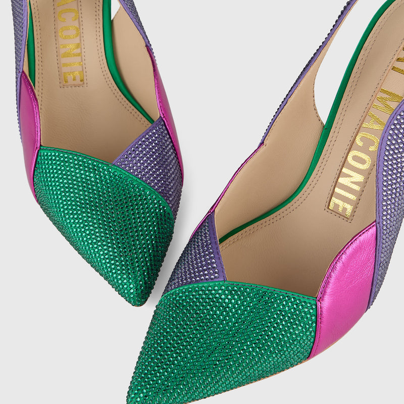 Kat Maconie Divina Slingbacks in Violet/Emerald – luxury women's crystal stiletto silhouette with 90mm heel