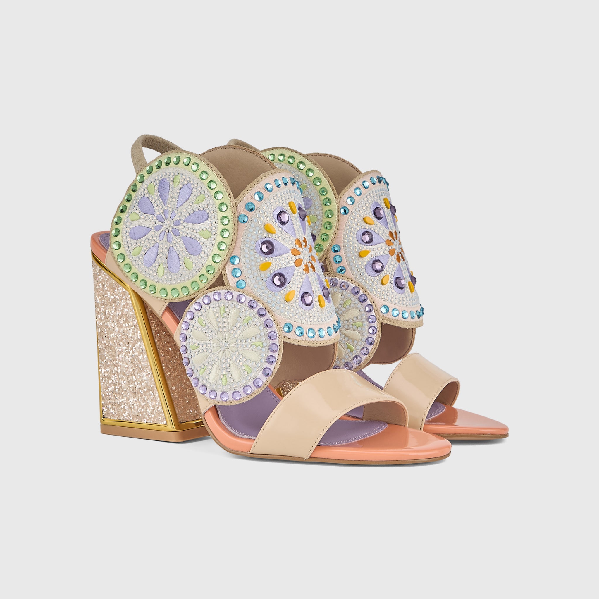 Kat Maconie Frida Sandals in Beige/Lavender – luxury women's block frame sandal with 105mm heel