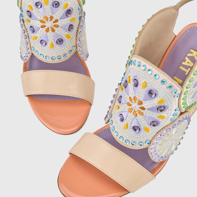 Kat Maconie Frida Sandals in Beige/Lavender – luxury women's block frame sandal with 105mm heel