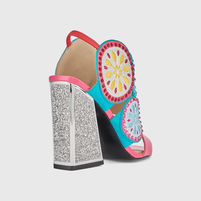 Kat Maconie Frida Sandals in Fuchsia/Multi – luxury women's block frame sandal with 105mm heel