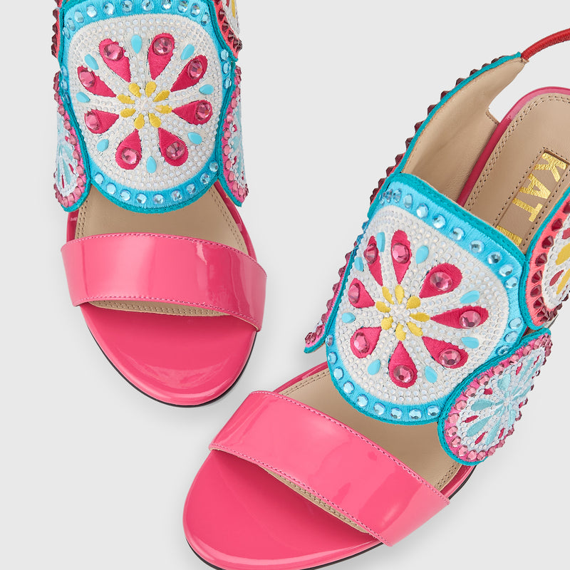 Kat Maconie Frida Sandals in Fuchsia/Multi – luxury women's block frame sandal with 105mm heel