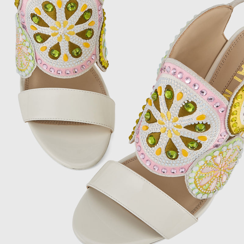 Kat Maconie Frida Sandals in Ivory/Melon – luxury women's block frame sandal with 105mm heel